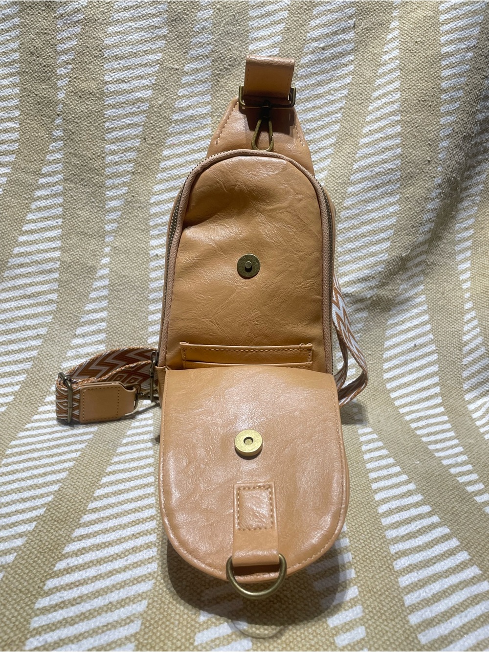 Tan Crossbody Sling Bag with Patterned Strap - Picture 12 of 16